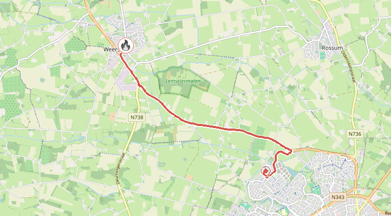 Kaart van de omgeving van de melding, met de kazerne die is gealarmeerd