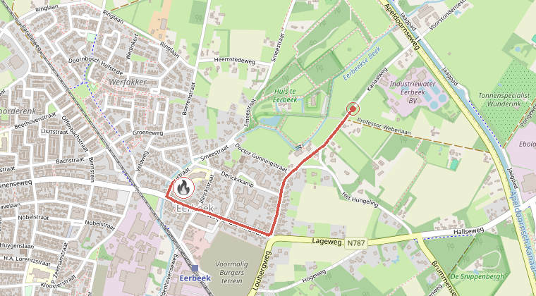 Kaart van de omgeving van de melding, met de kazerne die is gealarmeerd