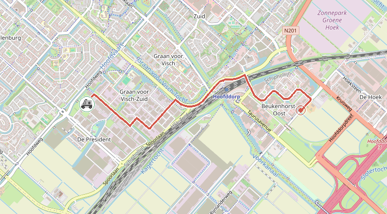 Kaart van de omgeving van de melding, met de kazerne die is gealarmeerd