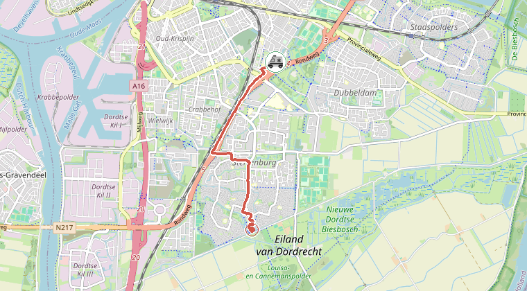 Kaart van de omgeving van de melding, met de kazerne die is gealarmeerd