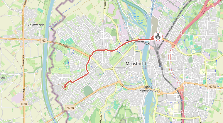Kaart van de omgeving van de melding, met de kazerne die is gealarmeerd