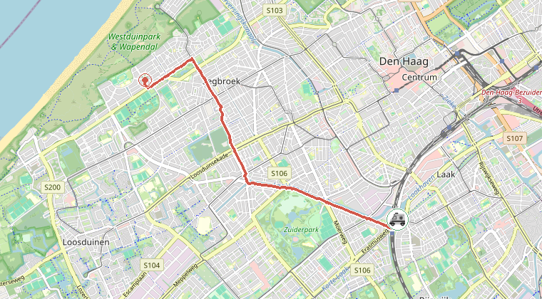 Kaart van de omgeving van de melding, met de kazerne die is gealarmeerd
