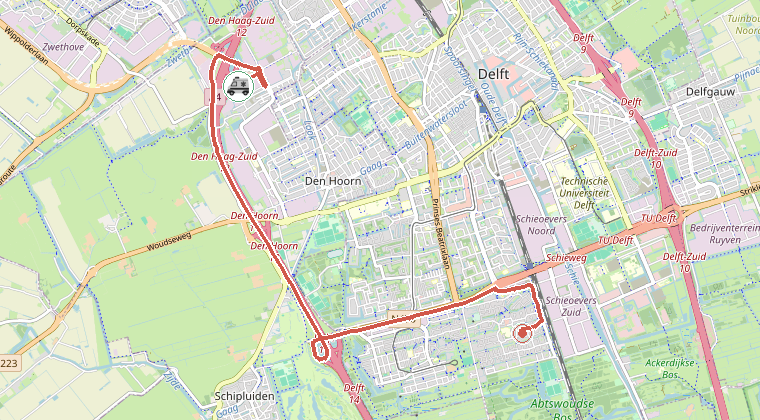 Kaart van de omgeving van de melding, met de kazerne die is gealarmeerd