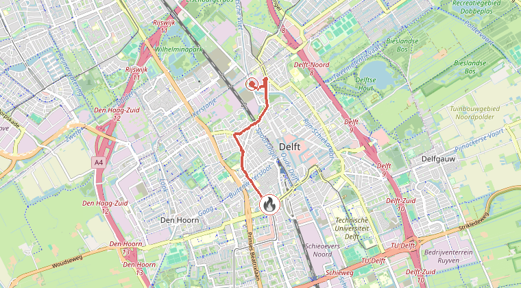 Kaart van de omgeving van de melding, met de kazerne die is gealarmeerd