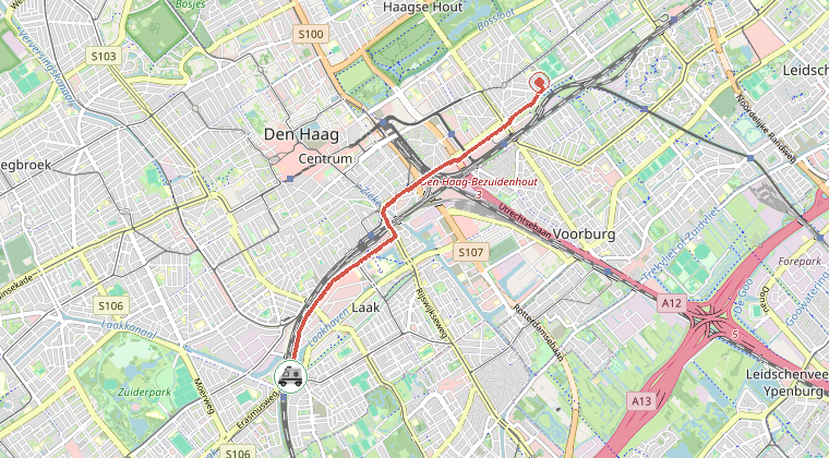 Kaart van de omgeving van de melding, met de kazerne die is gealarmeerd