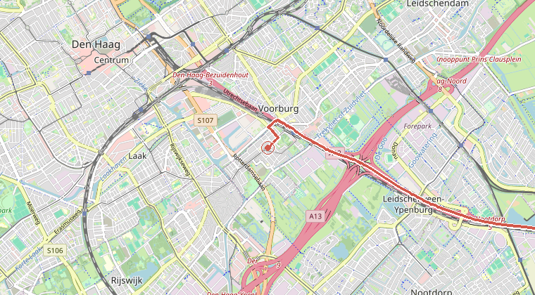 Kaart van de omgeving van de melding, met de kazerne die is gealarmeerd