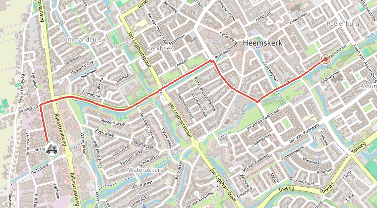 Kaart van de omgeving van de melding, met de kazerne die is gealarmeerd