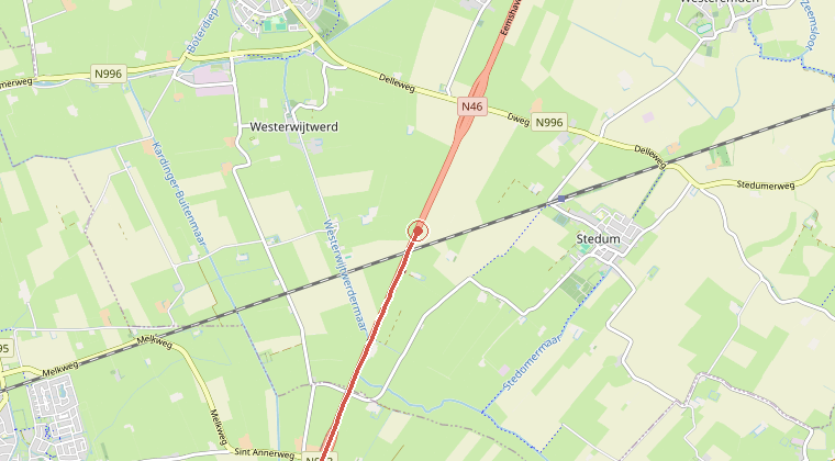 Kaart van de omgeving van de melding, met de kazerne die is gealarmeerd