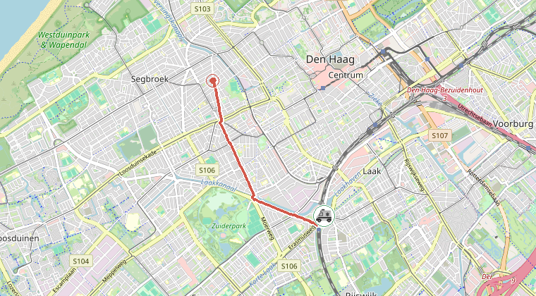 Kaart van de omgeving van de melding, met de kazerne die is gealarmeerd