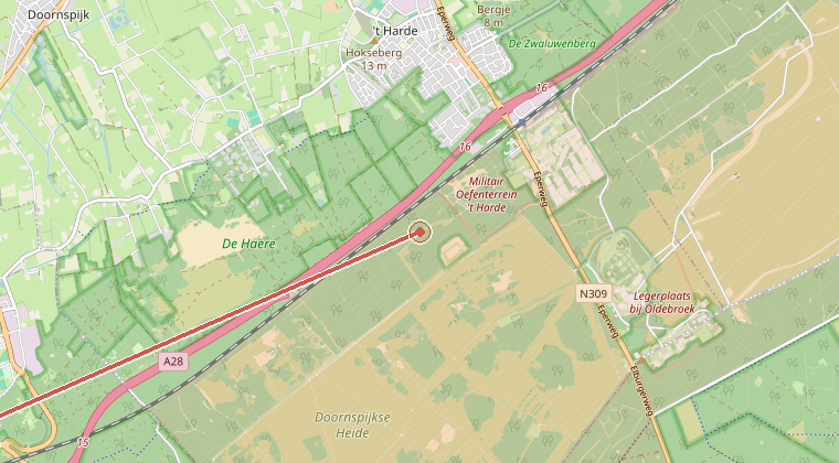 Kaart van de omgeving van de melding, met de kazerne die is gealarmeerd