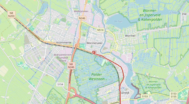 Kaart van de omgeving van de melding, met de kazerne die is gealarmeerd