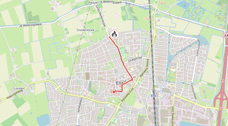 Kaart van de omgeving van de melding, met de kazerne die is gealarmeerd