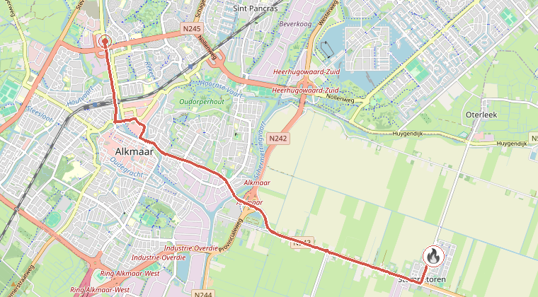 Kaart van de omgeving van de melding, met de kazerne die is gealarmeerd
