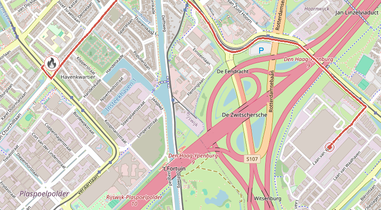 Kaart van de omgeving van de melding, met de kazerne die is gealarmeerd