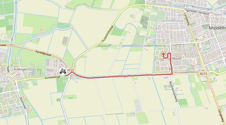 Kaart van de omgeving van de melding, met de kazerne die is gealarmeerd