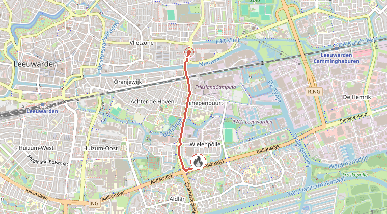 Kaart van de omgeving van de melding, met de kazerne die is gealarmeerd