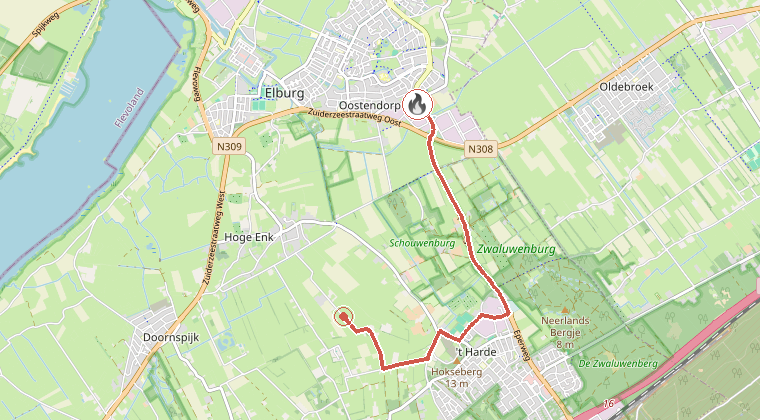 Kaart van de omgeving van de melding, met de kazerne die is gealarmeerd
