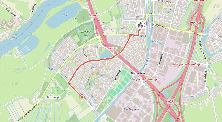 Kaart van de omgeving van de melding, met de kazerne die is gealarmeerd