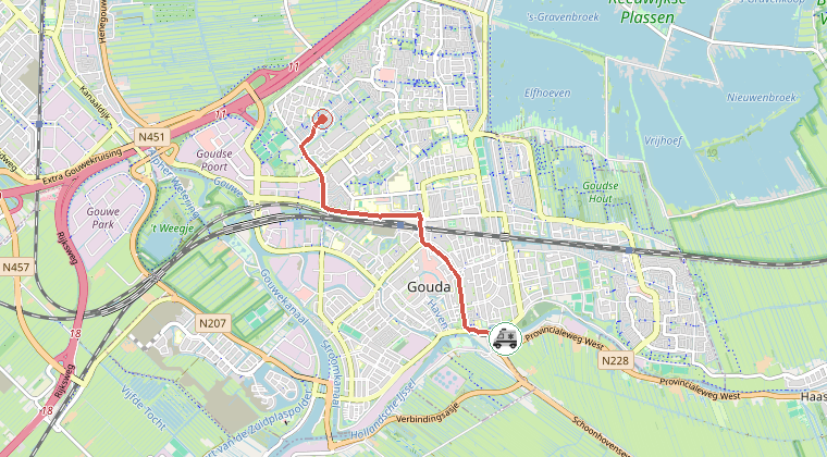 Kaart van de omgeving van de melding, met de kazerne die is gealarmeerd