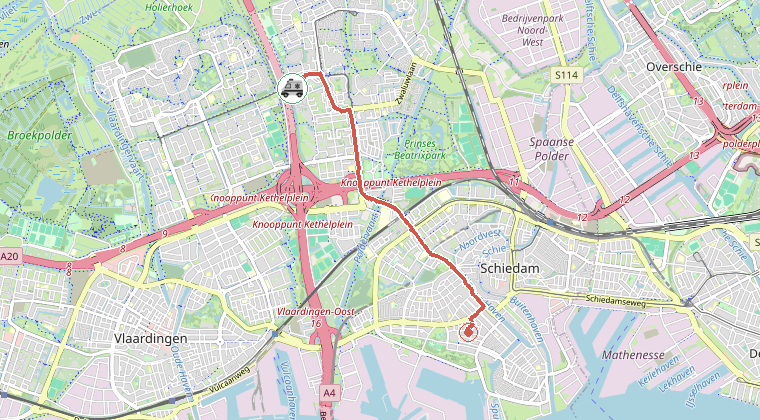 Kaart van de omgeving van de melding, met de kazerne die is gealarmeerd