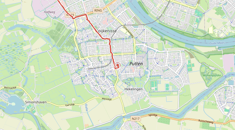 Kaart van de omgeving van de melding, met de kazerne die is gealarmeerd