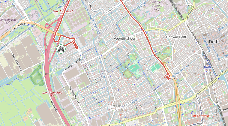 Kaart van de omgeving van de melding, met de kazerne die is gealarmeerd