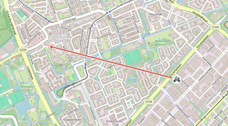 Kaart van de omgeving van de melding, met de kazerne die is gealarmeerd