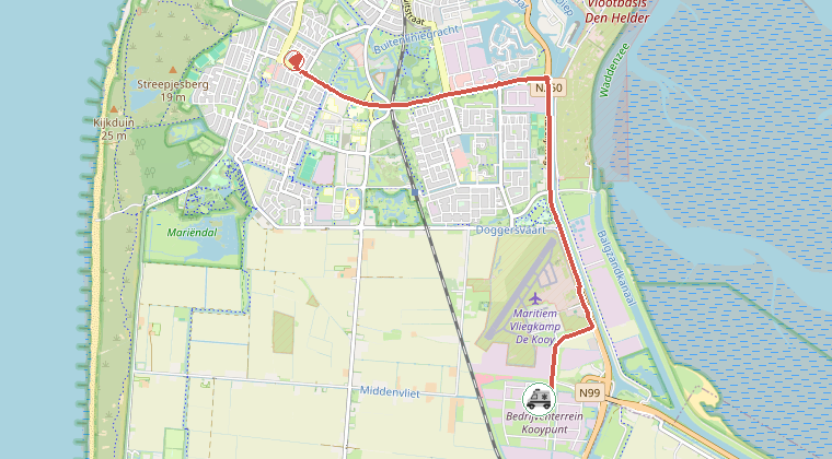 Kaart van de omgeving van de melding, met de kazerne die is gealarmeerd