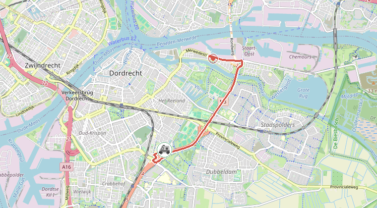 Kaart van de omgeving van de melding, met de kazerne die is gealarmeerd