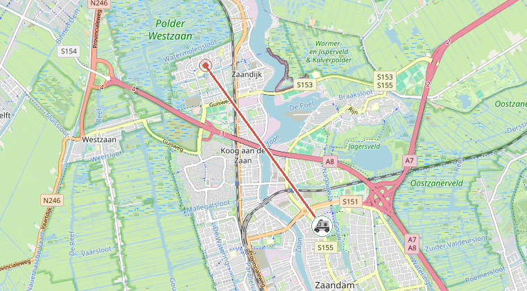 Kaart van de omgeving van de melding, met de kazerne die is gealarmeerd