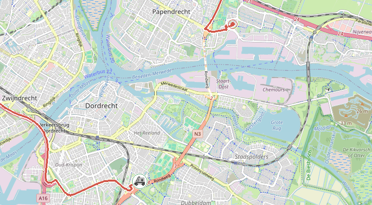 Kaart van de omgeving van de melding, met de kazerne die is gealarmeerd