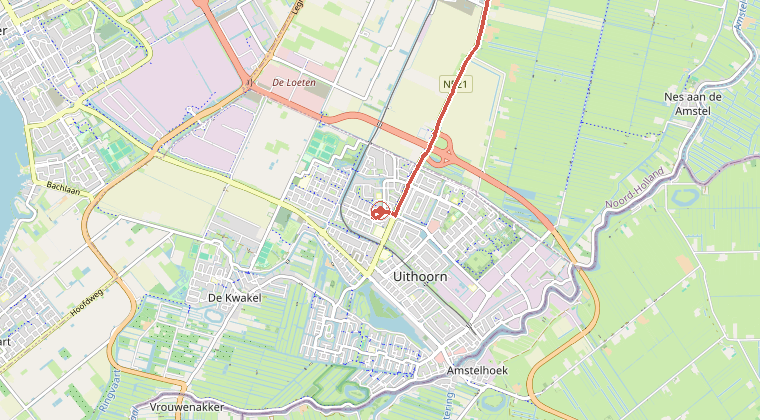 Kaart van de omgeving van de melding, met de kazerne die is gealarmeerd