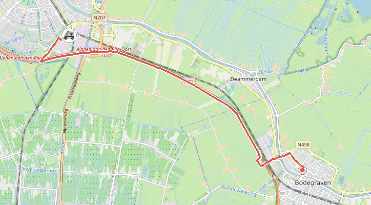 Kaart van de omgeving van de melding, met de kazerne die is gealarmeerd