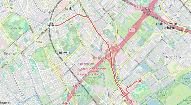 Kaart van de omgeving van de melding, met de kazerne die is gealarmeerd