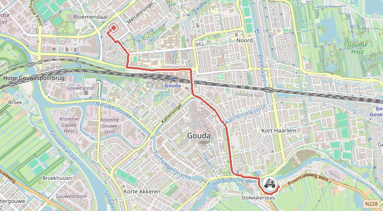 Kaart van de omgeving van de melding, met de kazerne die is gealarmeerd