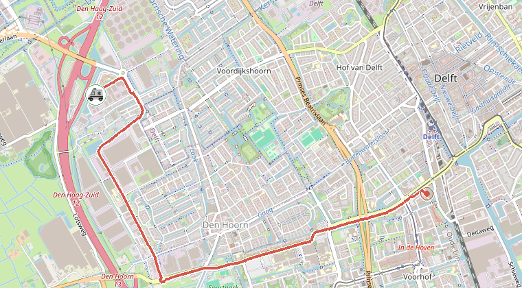 Kaart van de omgeving van de melding, met de kazerne die is gealarmeerd