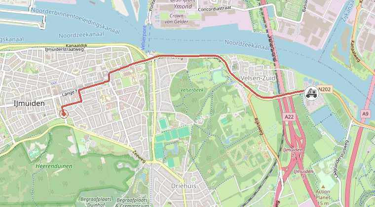 Kaart van de omgeving van de melding, met de kazerne die is gealarmeerd