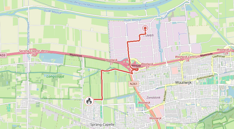 Kaart van de omgeving van de melding, met de kazerne die is gealarmeerd