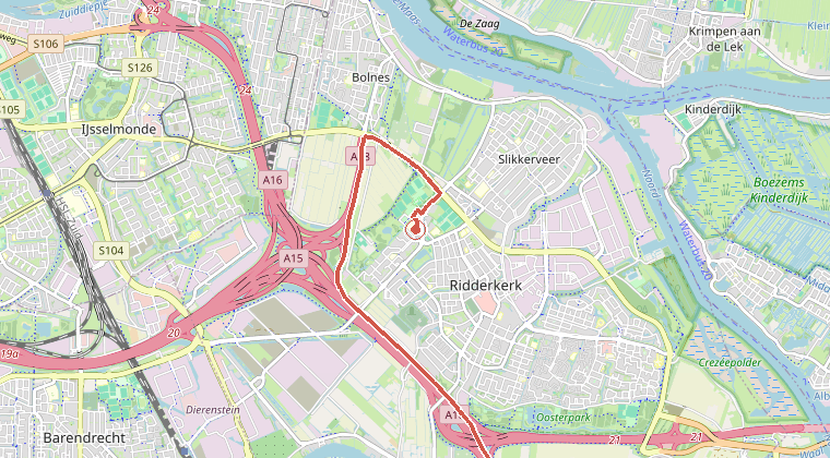 Kaart van de omgeving van de melding, met de kazerne die is gealarmeerd