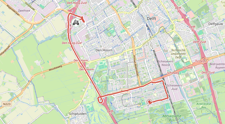 Kaart van de omgeving van de melding, met de kazerne die is gealarmeerd