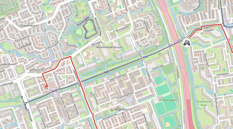 Kaart van de omgeving van de melding, met de kazerne die is gealarmeerd