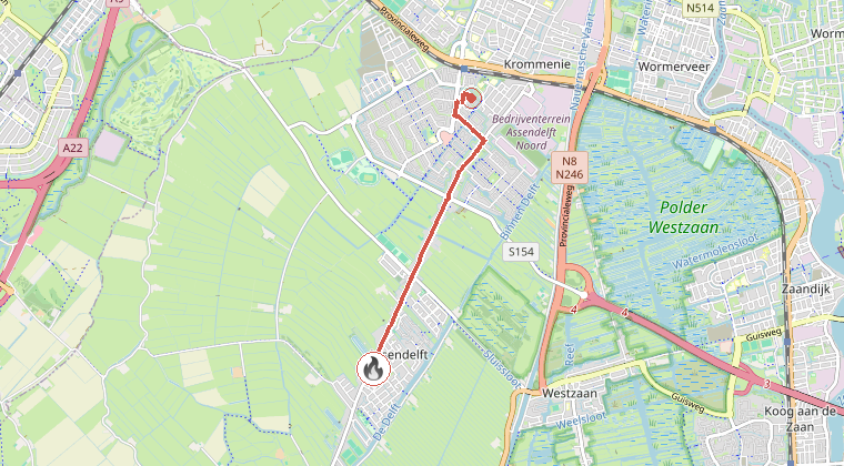 Kaart van de omgeving van de melding, met de kazerne die is gealarmeerd