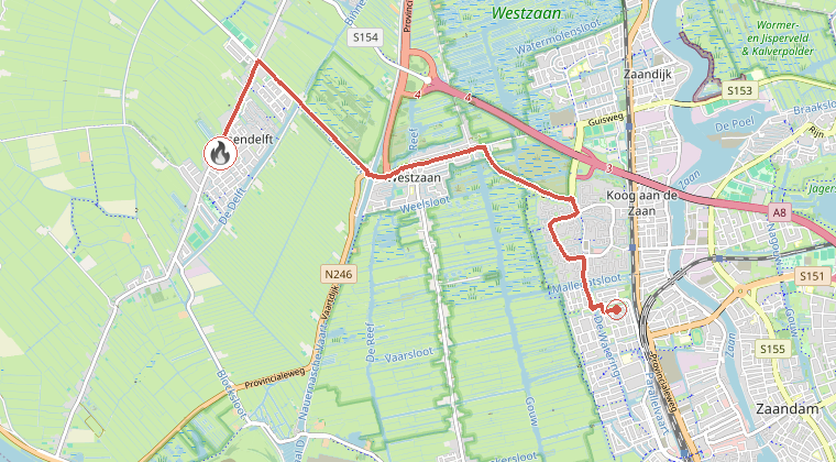 Kaart van de omgeving van de melding, met de kazerne die is gealarmeerd