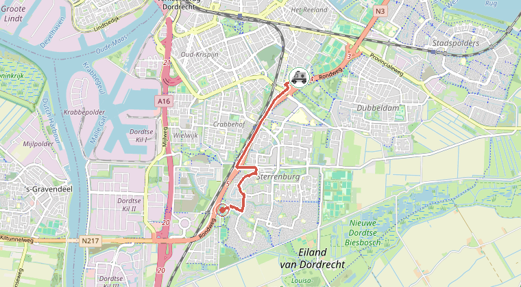 Kaart van de omgeving van de melding, met de kazerne die is gealarmeerd