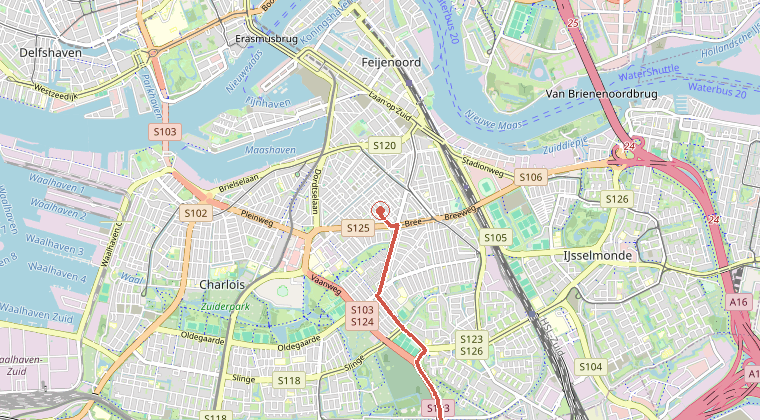 Kaart van de omgeving van de melding, met de kazerne die is gealarmeerd