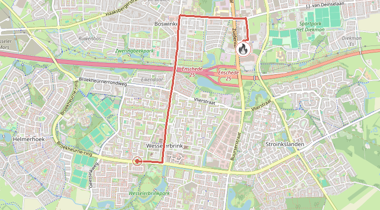 Kaart van de omgeving van de melding, met de kazerne die is gealarmeerd