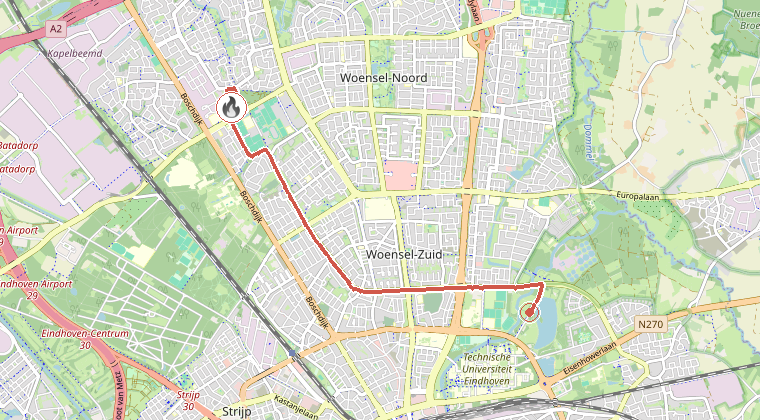 Kaart van de omgeving van de melding, met de kazerne die is gealarmeerd