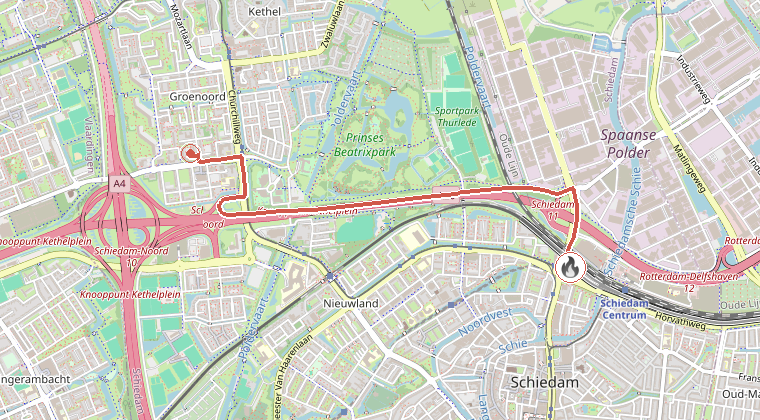 Kaart van de omgeving van de melding, met de kazerne die is gealarmeerd