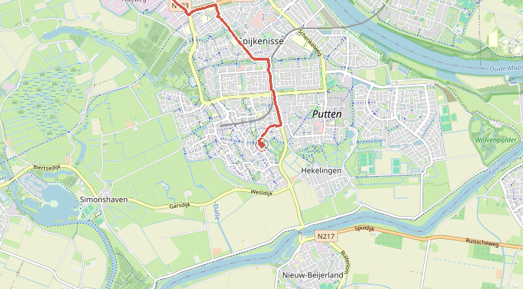 Kaart van de omgeving van de melding, met de kazerne die is gealarmeerd