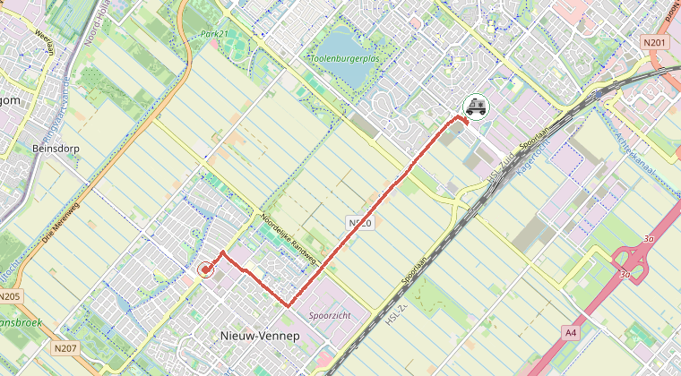 Kaart van de omgeving van de melding, met de kazerne die is gealarmeerd